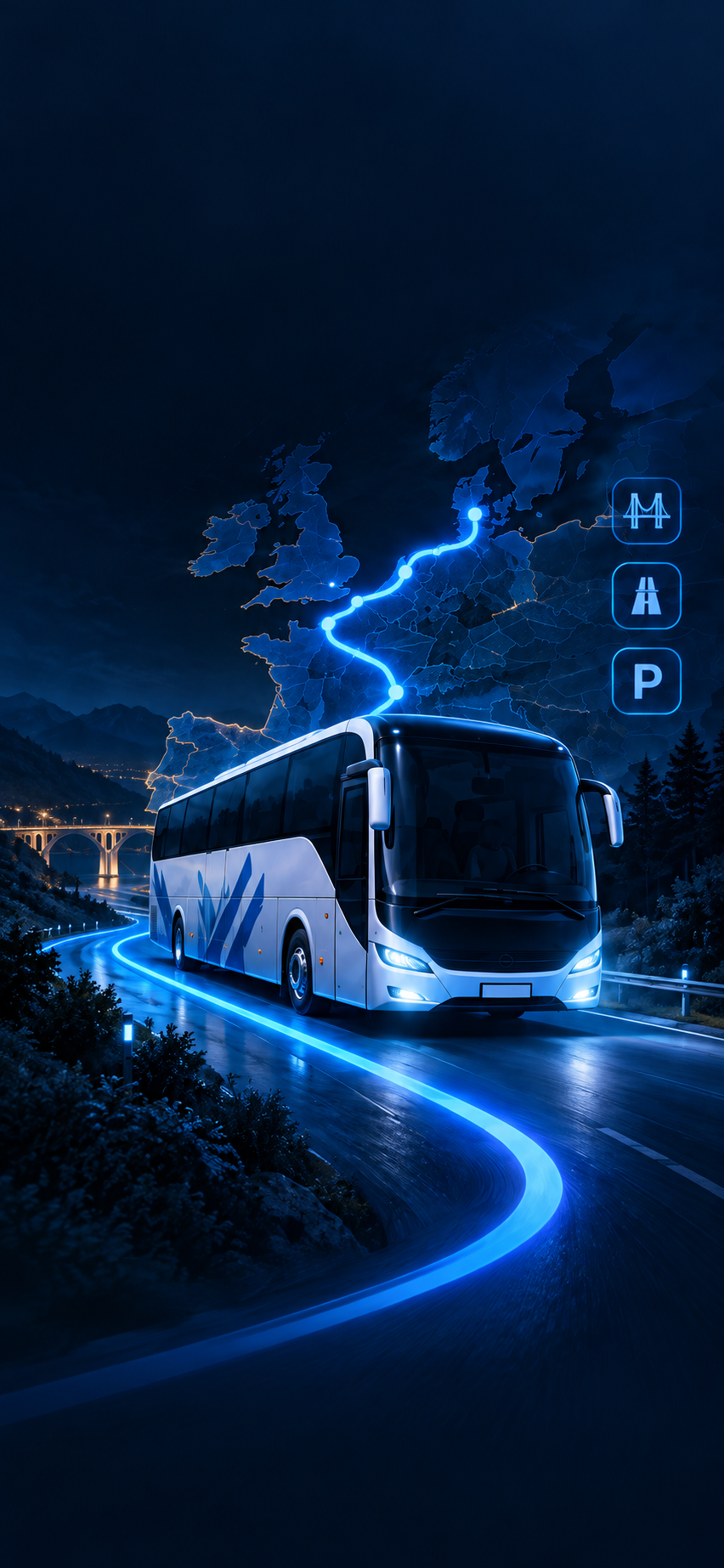 Biely autokar v noci na horskej ceste so svietiacou modrou trasou a mapou Európy